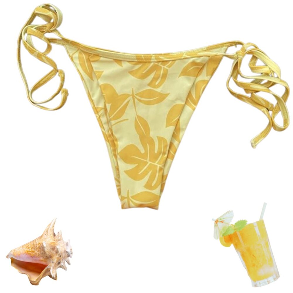 Tropical Yellow Orange String Bikini Bottom XS Floral Swimwear Beachy Y2K - Picture 2 of 8